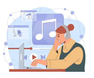 Müzik dinleyen bir kadın. Kulaklıklı genç kız dizüstü bilgisayarla oturuyor. Favori şarkıları ve müzik listeleri olan müzik aşığı. Eğlence ve rahatlık. Düz vektör çizimi beyaz arkaplanda izole edildi