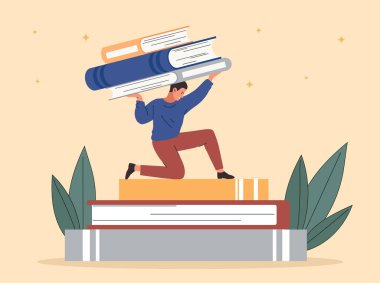 Okuma konsepti. Kitap yığınındaki genç adam. Okuma ve edebiyat aşkı. Eğitim ve eğitim, öğrenme. Bilgi ve bilgi. Düz vektör çizimi bej arkaplanda izole edildi