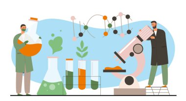 Bilimsel deneyleri olan insanlar. Mikroskop ve reaksiyonlu test tüpleri olan adamlar. Kimyasal bilimsel araştırmalar ve laboratuvarda yapılan testler. Düz vektör çizimi beyaz arkaplanda izole edildi