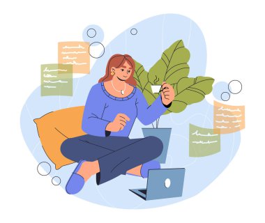Stres kontrolü olan bir kadın. Lotus pozisyonunda genç bir kız elinde bir kupa çayla dizüstü bilgisayarla oturuyor. Refah ve rahatlama, dinlenme. Düz vektör çizimi beyaz arkaplanda izole edildi