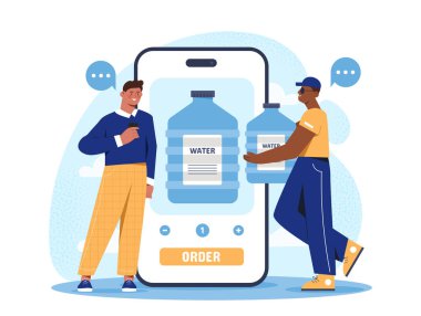 Water delivery service. Men with bottle of water near smartphone. Courier bring pure and fresh aqua. Mineral clean drink. Flat vector illustration isolated on white background