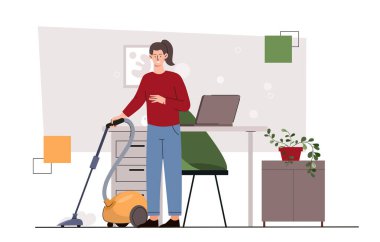 Kadın temiz. Elektrikli süpürgeyle evi temizleyen genç bir kız. Temizlik ve hijyen. Rutin ve ev işleri. Düz vektör çizimi beyaz arkaplanda izole edildi