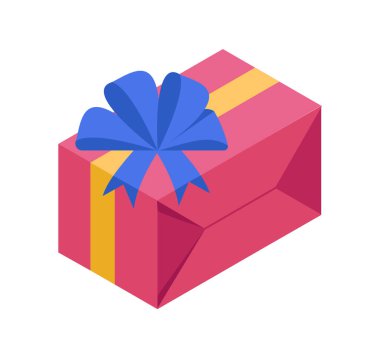 Hediye kutusu konsepti. Mavi fiyonklu pembe hediye kutusunda hediye ve sürpriz. Tatil ve festival. Yeni yıl ve doğum günü. Şablon ve düzen. İzometrik vektör illüstrasyonu beyaz arkaplanda izole edildi