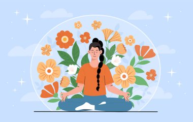 Uyumlu bir kadın. Nilüfer çiçekli baloncuk pozisyonunda oturan genç kız. Pozitif duygular ve duygular. Akıl sağlığı ve psikoloji. Düz vektör çizimi mavi arkaplanda izole edildi