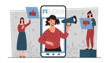 Sosyal ağlarda promosyon. Hoparlörlü kadın akıllı telefon ekranında. Sosyal ağlarda promosyon ve anlık haberciler. Pazarlamacı ve SMM uzmanı. Düz vektör illüstrasyonu