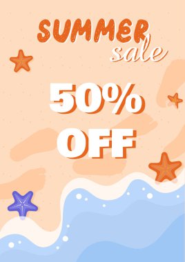Yaz satışı posteri. İndirimler, terfiler, özel sınırlı teklifler. Tropikal ve egzotik kıyı şeridi. Plaj, deniz ya da okyanus manzarası. Sosyal medya kapağı. Düz vektör illüstrasyonu