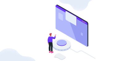 Kaliteli tasarım oluşturma süreci. Grafik programlarının önünde duran erkek tasarımcı afişi ve iyi tasarım projesinin sembolü olarak mükemmel elmas yaratmak. Isometric 3D Canlandırılmış Grafikler