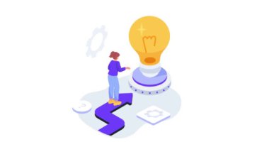 Fikir bulma. Yaratıcı bir kadının parlayan ampule doğru yürüdüğü bir afiş. Başlangıç için yeni iş fırsatları arayışı metaforu. Isometric 3D Canlandırılmış Grafikler