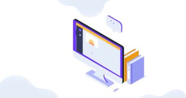 Online eğitim. Bilgisayar ekranının yanında öğrencilerin olduğu afişleri taşımak ve uzaktan ders dinlemek, webinar ya da tabii ki. İnternette öğrenme ve öğrenme. Isometric 3D Canlandırılmış Grafikler