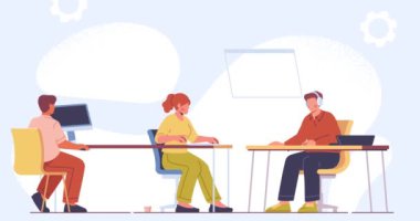 Ofisteki programcılar. Bilgisayarda çalışan, kod yazan, yazılım ve uygulama geliştiren kadın ve erkek bilişim uzmanlarıyla afiş taşımak. Ön uç ve arka uç geliştiricileri. Çizgi film düz animasyon grafikleri