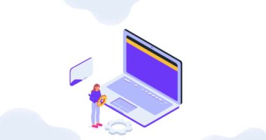 Web tasarımı. Web sitesinin kullanıcı arayüzü dizayn eden bayrak taşınıyor. Programlama ve mühendislik. Karakter, iniş sayfası için şablon oluşturur. Isometric 3D Canlandırılmış Grafikler