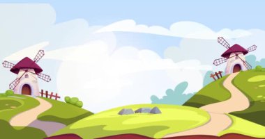 Yel değirmenli manzara. Kırsal manzaralı afişler, yeşil köy tepeleri, ağaçlar ve yollar. Video oyunu için grafiksel arayüz ögesi. Tarzlı arka plan. Çizgi film düz animasyon grafikleri
