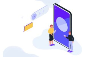 Ses asistanı. Akıllı telefonun yanında duran ve iş için yenilikçi teknolojiler kullanan kadın ve erkek girişimcilerin olduğu afişler. İnsanlar ses kontrol uygulaması kullanıyor. Isometric 3D Canlandırılmış Grafikler