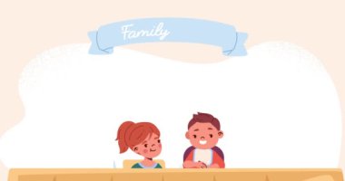 Aile yemeği. Mutlu ebeveynlerin çocuklarıyla yemek yediği afişler. Anne ve baba yemek masasında oturup kızıyla yemek yiyor. Çizgi film düz animasyon grafikleri