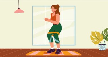 Ev antrenmanı. Evde fiziksel egzersiz ve çömelme yapan mutlu bir kadınla afiş taşımak. Sağlıklı yaşam tarzı, aktivite ve spor. Konforlu iç mekanda spor ya da eğitim. Çizgi film düz animasyon grafikleri