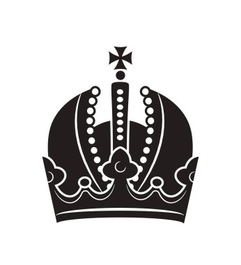 Taç simgesi. Prens ve kral için lüks taç silueti. Asaletin ve monarşinin görkemli sembolü. Heraldik element. Düz vektör çizimi beyaz arkaplanda izole edildi