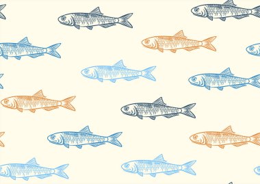 Kusursuz balık deseni. Farklı balık ve deniz canlılarıyla karalama süsü. Markalaşma, kafe menüsü ve kumaş baskı için tasarım elemanı. El çizimi taslak vektör çizimi