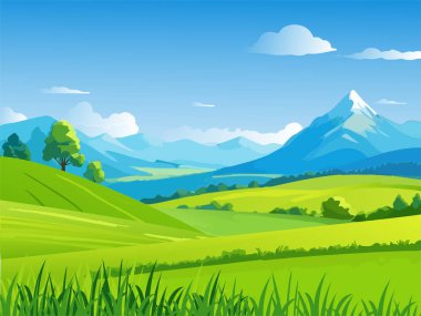 Yeşil yaz manzarası. Yaz ve bahar mevsimlerinde çok güzel doğal bir manzara. Ağaçların ve çalıların yanında uçurum ve tepe. Çayır ve kırsal alan. Çizgi film Düz Vektör Çizimi