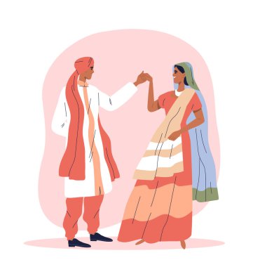 Mutlu evlilik çifti. Kızılderili elbiseli kadın ve erkek. Gelin ve damat, karı koca. Asya Kültüründe Geleneksel Nişan Töreni. Düz vektör çizimi beyaz arkaplanda izole edildi