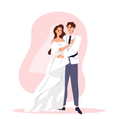 Happy wedding couple. Man in suit and woman in white dress hug each other. Bride and groom, husband and wife in love. Newlyweds family. Marriage ceremony. Flat vector illustration isolated on white