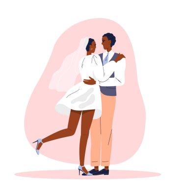 Mutlu evlilik çifti. Takım elbiseli Afro-Amerikan erkek ve beyaz elbiseli kadın birbirlerine sarılıyorlar. Gelin ve damat, karı koca. Evlilik töreni. Düz vektör çizimi beyaz arkaplanda izole edildi