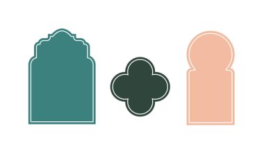 İslami mimari pencereleri. Yeşil ve pembe Arap desenleri. Bir sürü eski doğu kapısı. Doğu Asya tarzı geometrik şekil. Düz vektör koleksiyonu beyaz arkaplanda izole edildi