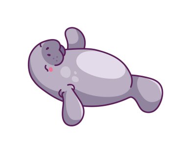 Tatlı denizayısı çıkartması. Yüzgeçleri olan sevimli bir karakter. Arktik memeli maskotu. Su altı dünyası, deniz ve okyanus faunası. Yaratık ve deniz ineği. Düz vektör çizimi beyaz arkaplanda izole edildi