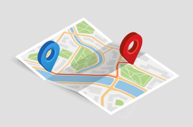 GPS şifreli harita. İki kırmızı ve mavi iğne izi. Navigasyon ve yön. Altyapısı olan şehir haritası. Harita ve coğrafya. Bej arkaplanda izole edilmiş Isometric vektör illüstrasyonu