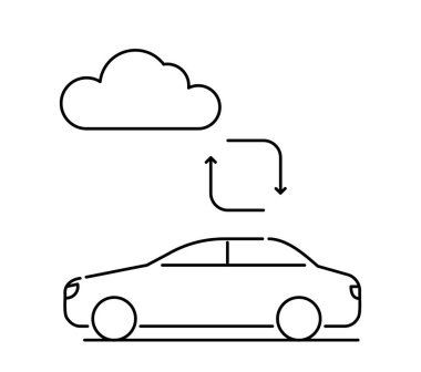 Akıllı araba çizgisi simgesi. Termoregülasyonlu otomobil. Modern teknolojiler ve yenilikler. Yazılımda yapay zeka. Beyaz arkaplanda izole edilmiş doğrusal vektör çizimi
