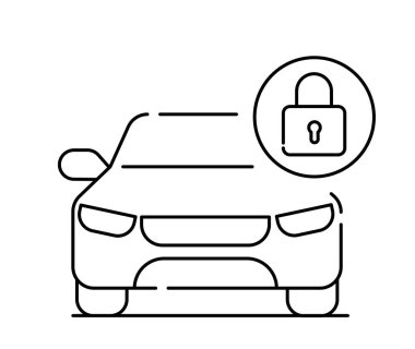 Akıllı araba çizgisi simgesi. Asma kilitli bir otomobil. Modern teknolojiler ve yenilikler. Araç güvenlik sistemi. Arabada yapay zeka var. Beyaz arkaplanda izole edilmiş doğrusal vektör çizimi