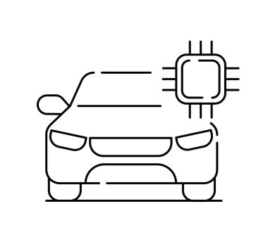 Akıllı araba çizgisi simgesi. Bilgisayar çipli bir otomobil. Modern teknolojiler ve yenilikler. Yapay zeka ve makine öğrenimi. Beyaz arkaplanda izole edilmiş doğrusal vektör çizimi