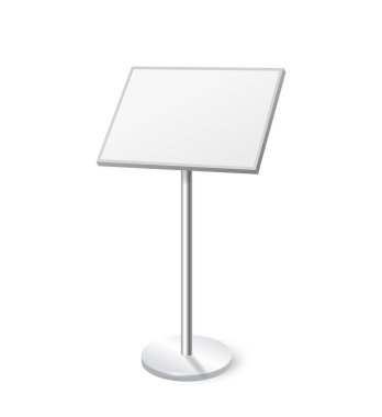 Boş bilgi panosu. Proje sunumu için reklam standının boş bir maketi. Bilgi kabini. Tasarım için fotokopi alanı olan tanıtım afişi. Beyaz arkaplanda izole edilmiş gerçekçi 3B vektör illüstrasyonu