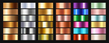 Folyo dokusu gradyanı. Altın, gümüş, bakır ve rengarenk numuneler. Parlak metalik kurdeleler, sınırlar veya çerçeveler. Siyah arkaplanda izole edilmiş gerçekçi vektör illüstrasyon koleksiyonu