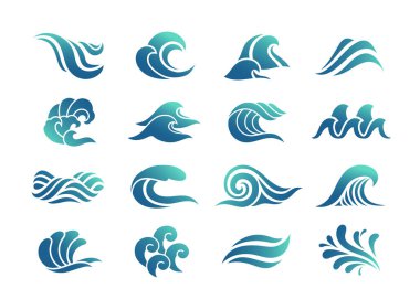 Su dalgası simgeleri hazır. Okyanus ya da deniz dalgaları, sıçramalar ve sıvı sıçramaları olan rengarenk semboller. Logo için tasarım elementleri. Çizgi film Düz Vektör çizimi beyaz arkaplanda izole edildi