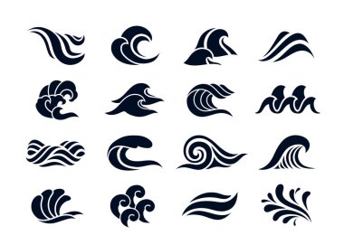 Su dalgası simgeleri hazır. Farklı şekillerdeki deniz veya okyanus dalgalarının basit siyah sembolleri ve siluetleri. Logo için tasarım elementleri. Düz vektör illüstrasyon koleksiyonu beyaz arkaplanda izole edildi