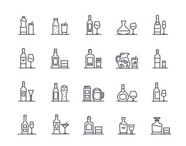 Alkolik İçki Hattı Simgeleri. Votka, bira, şarap, viski ve kokteylli basit semboller. Düzenlenebilir felç. Bar menüsü için tasarım ögesi. Taslak vektör illüstrasyon koleksiyonu arkaplanda izole edildi