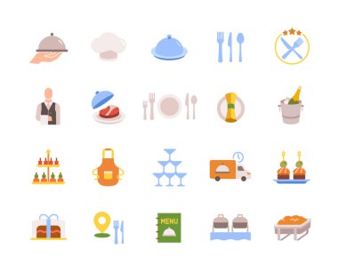 Yemek ikonları hazır. Kafe ya da restoran menüsünde renkli tabelalar, garson, yemek, çatal bıçak takımı, teslimat servisi ve şef şapkası. Uygulama için tasarım ögesi. Düz vektör koleksiyonu beyaz arkaplanda izole edildi