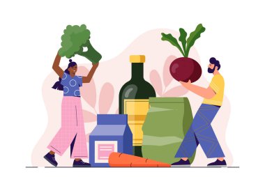 Sağlıklı beslenen insanlar. Pancarlı bir adam ve elinde brokoli olan bir kadın. Düzgün beslenme ve vitaminle beslenme. Havuç, süt ve yağ. Düz vektör çizimi beyaz arkaplanda izole edildi