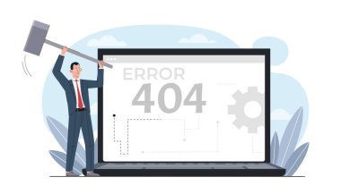 Dizüstü bilgisayarda 404 hata. Büyük çekiçli bir iş adamı dizüstü bilgisayara çarpmış. Teknik arıza ve sorunlar. Uygulamada ve program kodunda hatalar. Düz vektör çizimi beyaz arkaplanda izole edildi