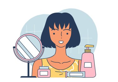 Cilt bakımı prosedürü olan bir kadın. Aynanın yanındaki genç kız, kremler ve losyonlar. Makyaj ve güzellik ürünleri. Yüz ve cilt bakımı. Beyaz arkaplanda izole edilmiş doğrusal vektör çizimi