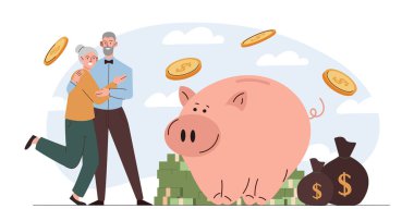 Bütçeli yaşlı bir çift. Büyükannem ve büyükbabam kumbaranın yanında altın paralar ve banknotlarla sarılıyorlar. Finansal okuryazarlık, ekonomi, emeklilik. Düz vektör illüstrasyonu