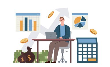 Kariyeri gelişen bir iş adamı. Dizüstü bilgisayarı olan genç adam grafiklerin, diyagramların ve hesap makinelerinin yanında oturuyor. İş stratejisi ve performans. Çalışkan iş adamı ya da girişimci. Düz vektör illüstrasyonu
