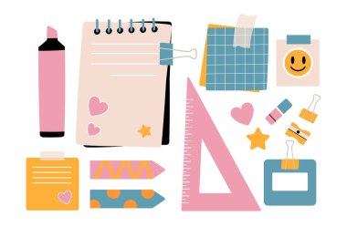 Okul malzemeleri hazır. İşaretleyici, not defteri sayfası, cetvel ve çıkartmalar. Liste ve bildiri yapmak için. Eğitim, öğrenme ve öğrenim. Okula dönelim. Düz vektör koleksiyonu beyaz arkaplanda izole edildi