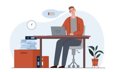 Yorgun bir adam iş başında. Dizüstü bilgisayarı olan genç adam iş yerinde oturuyor. Stres ve duygusal çöküntü. Yorgun iş adamı. Düz vektör çizimi beyaz arkaplanda izole edildi