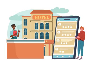 Otel değerlendirmesi konsepti. Sınıflandırılmış ve derecelendirilmiş akıllı telefonun yanındaki resepsiyonist kadın ve erkek. Kalite kontrolü. Tatil ve tatil. Düz vektör çizimi beyaz arkaplanda izole edildi