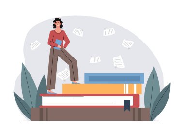 Bilgisi olan bir kadın. Kitap yığınında genç bir kız. Okuma ve edebiyat aşkı. Eğitim ve eğitim. Ders kitapları olan bir öğrenci. Düz vektör çizimi beyaz arkaplanda izole edildi