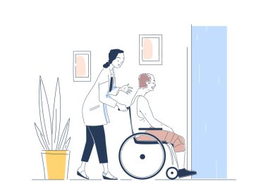 Klinikte hemşirelik. Tıbbi üniformalı kadın, tekerlekli sandalyedeki adama yardım eder. Özürlü birine önem ver. Hastane çalışanı ve hasta. Beyaz arkaplanda izole edilmiş doğrusal vektör çizimi