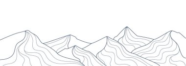 Tepelerin ya da dağların ana hatları. Tepeler, kayalıklar ve tepeler. Minimalist yaratıcılık ve sanat. Güzel doğal manzara ve manzara. Beyaz arkaplanda izole edilmiş doğrusal vektör çizimi