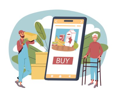 Emekliler internetten alışveriş yapar. İnternette elektronik gazetesi olan dizüstü bilgisayarın yanında genç bir kız. Çevrimiçi alışveriş ve ticaret. Eve teslim. Düz vektör çizimi beyaz arkaplanda izole edildi