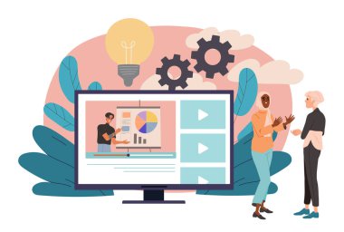 İnsanlar internetten video izliyor. Grafikleri ve diyagramları olan kadınlar. Video sunuculuğundaki memnuniyet. Eğitici materyaller. Düz vektör çizimi beyaz arkaplanda izole edildi